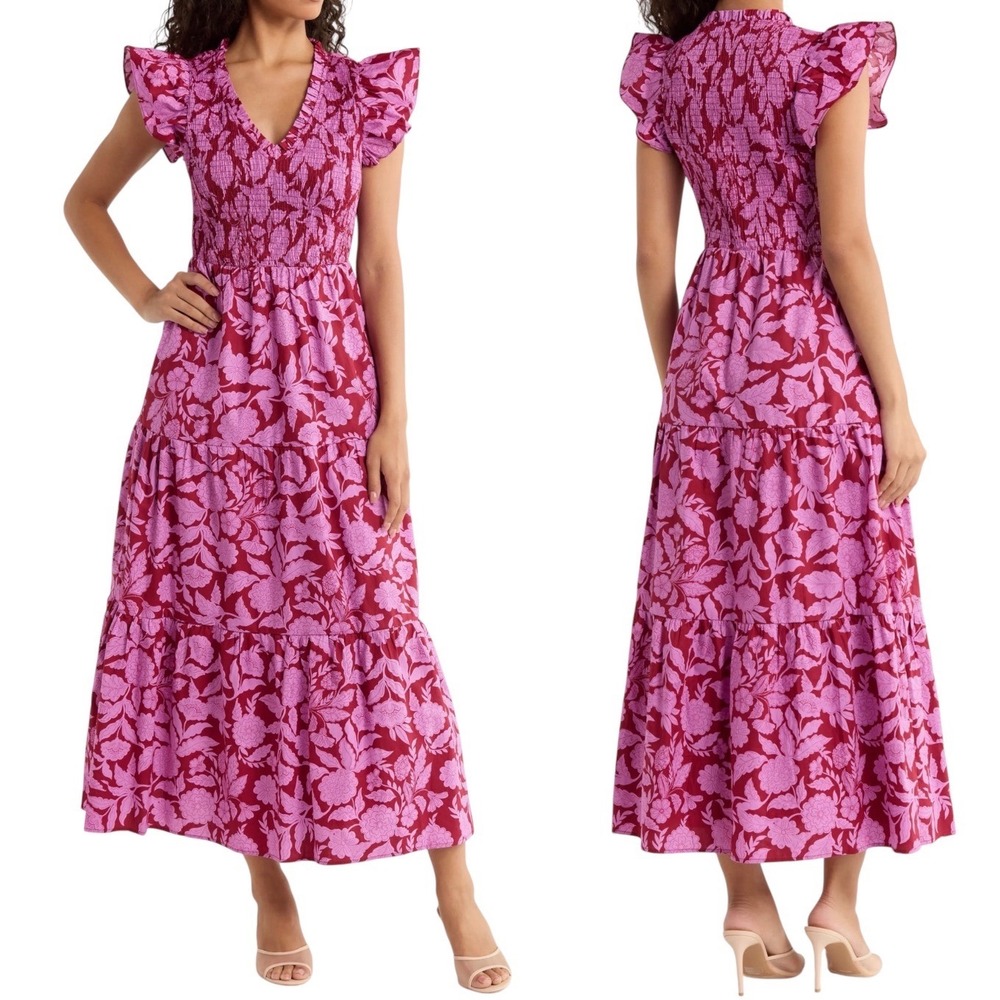 Sugarlips Maxi Dress Women M Floral Smocked Tiered V-Neck Pockets Feminine Garde